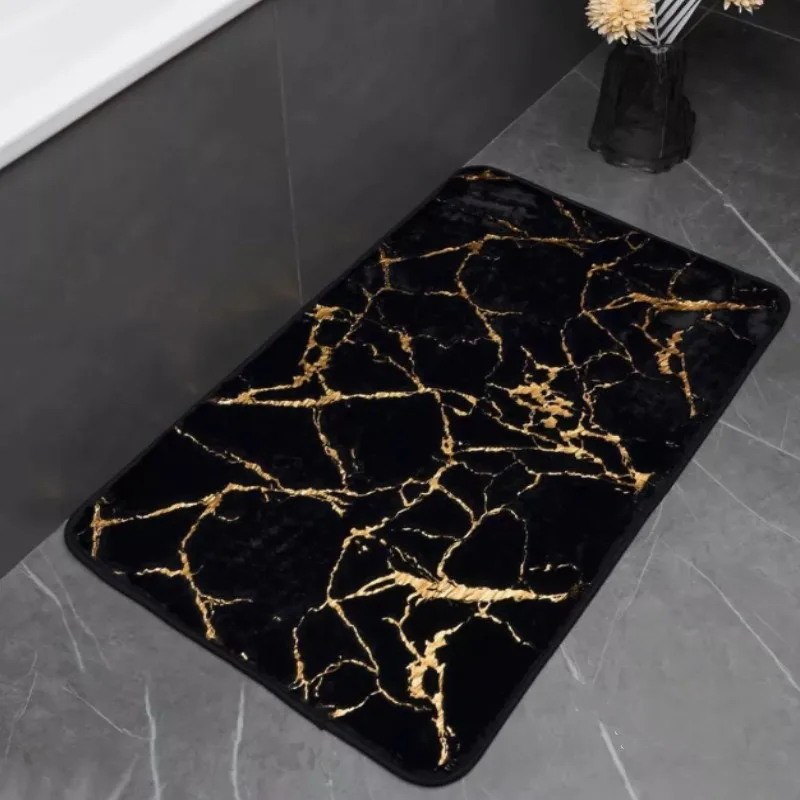 Luxurious Black and Gold Marble Bathroom Rug - Soft and Nonslip Rabbit Fur Bath Mat