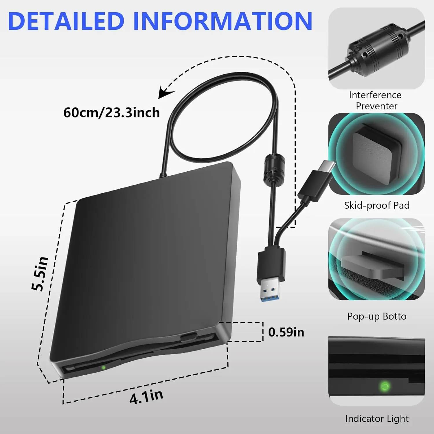 External Floppy Disk Drive 3.5 Inch External Floppy Disk Drive Portable USB 3.0 Type-C 1.44MB FDD Disk Reader for PC Laptop Desktop Windows 11/10/8/7/XP