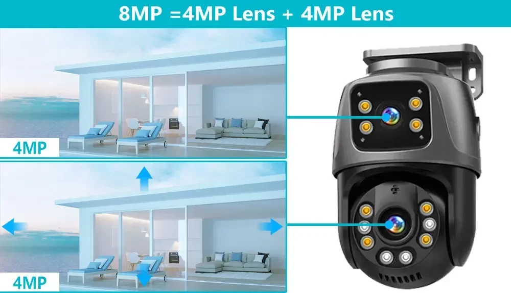 8MP 4K Dual Lens POE IP Camera PTZ Dual Screens Smart Home 360° PTZ Wired Video Surveillance Camera Human Detection CCTV ICsee