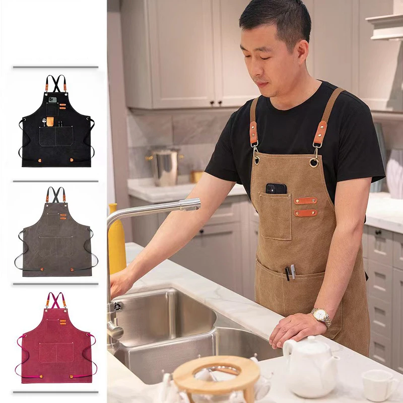 Thickened Cotton Canvas Apron Bib Men's Women's Home Cooking Kitchen Gardening Work Apron Coffee Barber Tea Shop Pocket