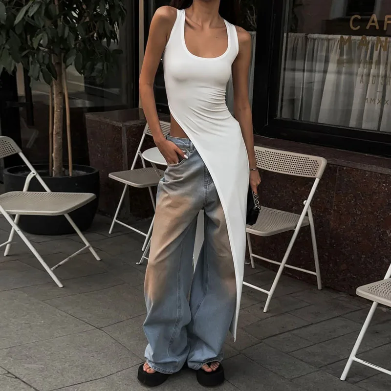 Ärmelloses Kleid mit unregelmäßigem, asymmetrischem Saum der Straßennische, Sommer-Persönlichkeitstrend für Damen, einfarbiges Slim-Fit-Oberteil – Detail 10