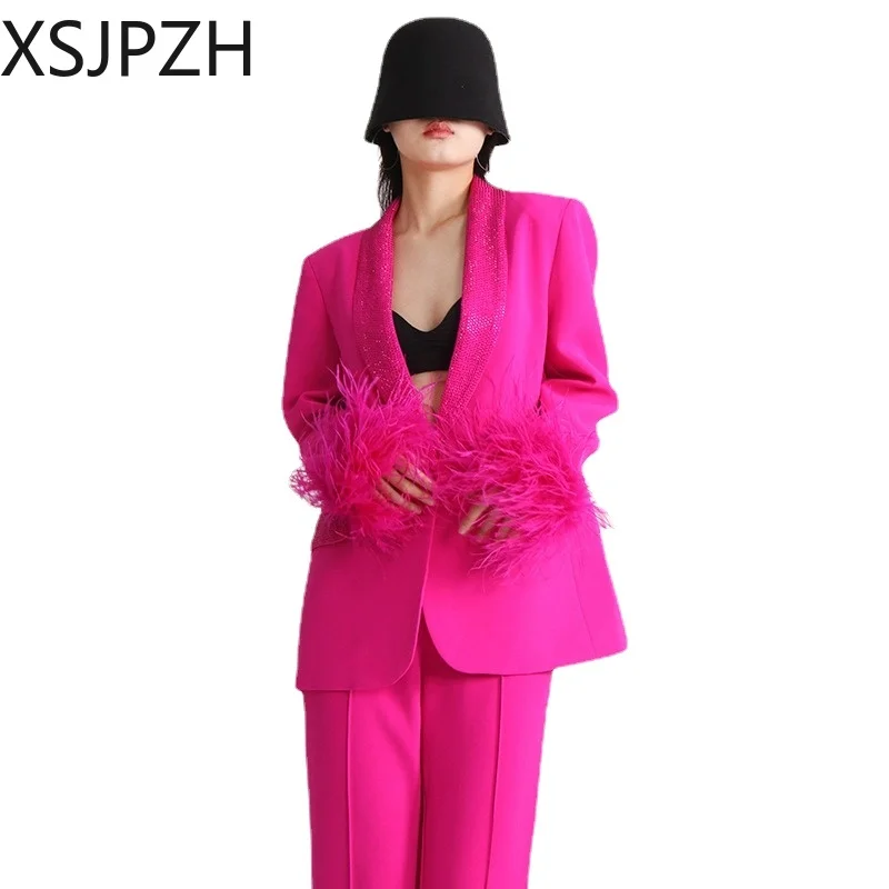 

2024 Spring Coat Neckline Diamond Design Cuffs Splicing Ostrich Wool Long Sleeve Suit Jacket Clothing Office Lady Commuter Suit