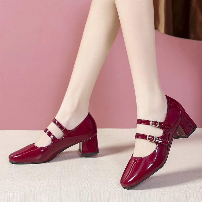 Women Sandals Double Buckle Mary Jane Shoes Woman Pumps Patent Leather