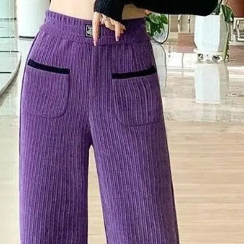 Autumn and Winter Women's Solid Color Drawstring Pocket Long Loose Slim Fit Plush Thickened Straight Leg Fashion Elegant Pants