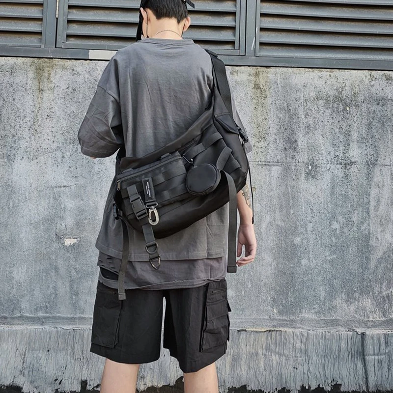Men Shoulder Bag Gothic Black Crossbody Messenger Tote Bags Women's Shopper Nylon Hip Hop Techwear Satchel Waist Goth Postman