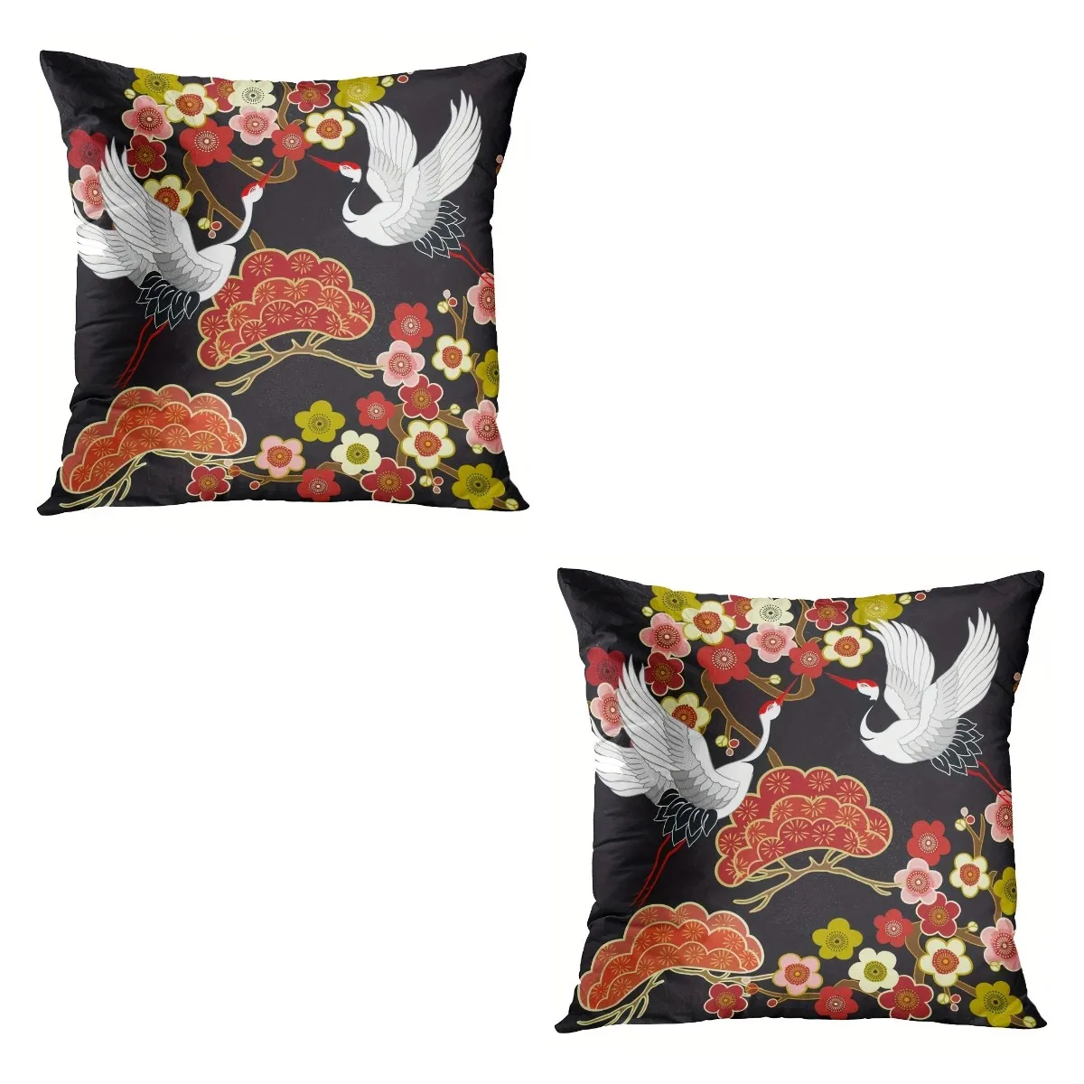 

2pc Throw Pillowcase Flying Crane Heron Pattern Oriental Asian Decorative Pillow Case for Home Square Short Plush Decor