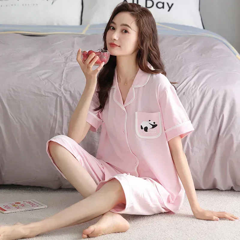 

Pajama Women Plus Pants Turn-down Print Cute 4XL Pijamas Girls Loose Pajamas for Summer Cardigan Modal Capri Collar Size