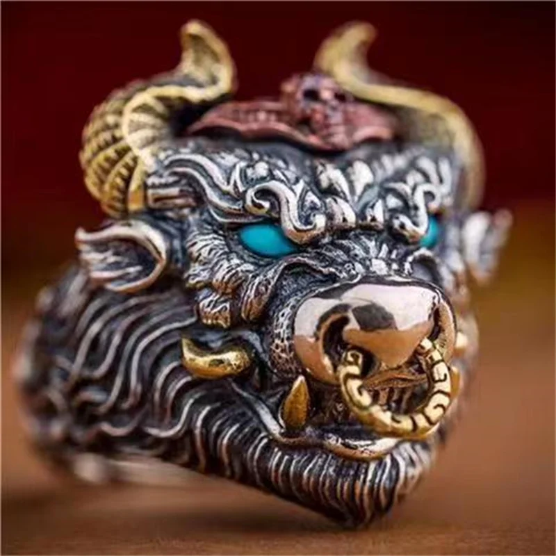 Luxury Bull Head Ring Handmade S925 Silver New Year's Zodiac Bull Head Retro Ring Men's Birthday Gift Wholesale
