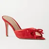 Summer Sweet Red Black Velvet Slippers Silk Butterfly-knot Sandals Pointed Thin High Heels Peep Toe Women Shoes Pumps Big Size 1