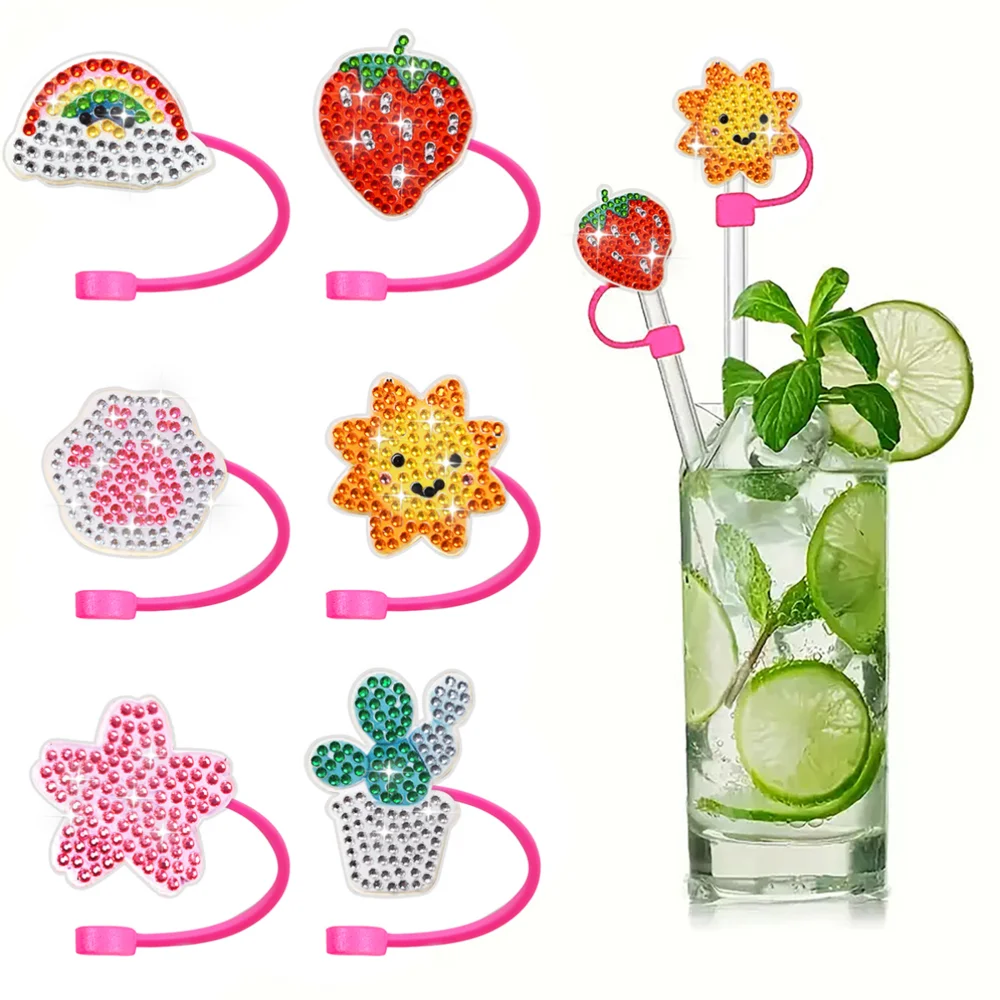 

6Pcs/set DIY Diamond Painting Cute Straw Covers Cap for Tumblers Cartoon Topper Silicone Straw Tip Covers for Drinking Straws