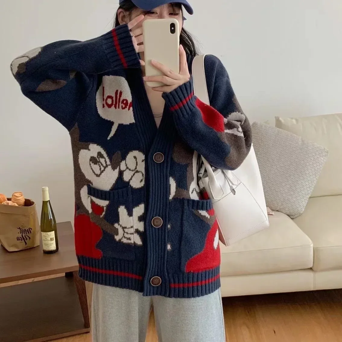 Disney Knitted Cardigan Japanese Mickey Cartoon Sweaters for Women Coat Female Autumn and Winter Loose Wild Thicken Kawaii Tops