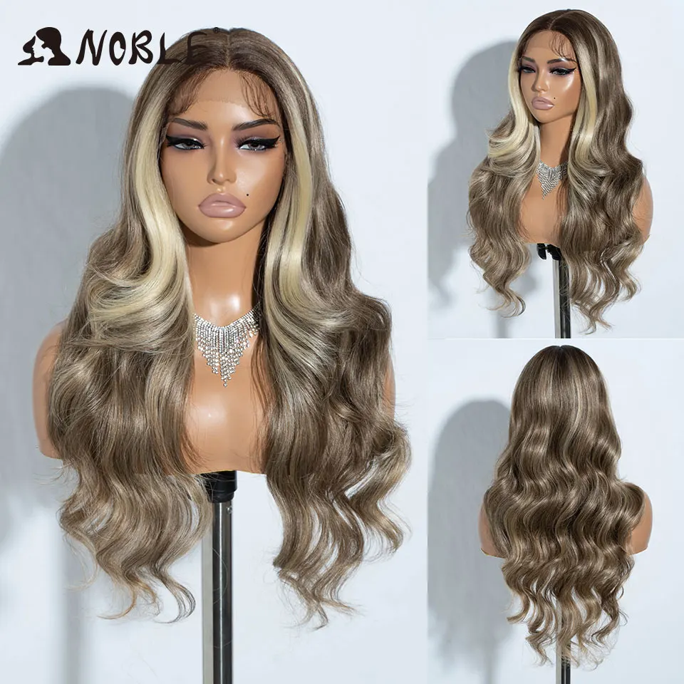Noble Cosplay Synthetic Lace Frontal Wigs For Women 26 Inch 13x4 Long Wavy Lace Front Wig Ombre Brown Blonde Highlight Lace Wig