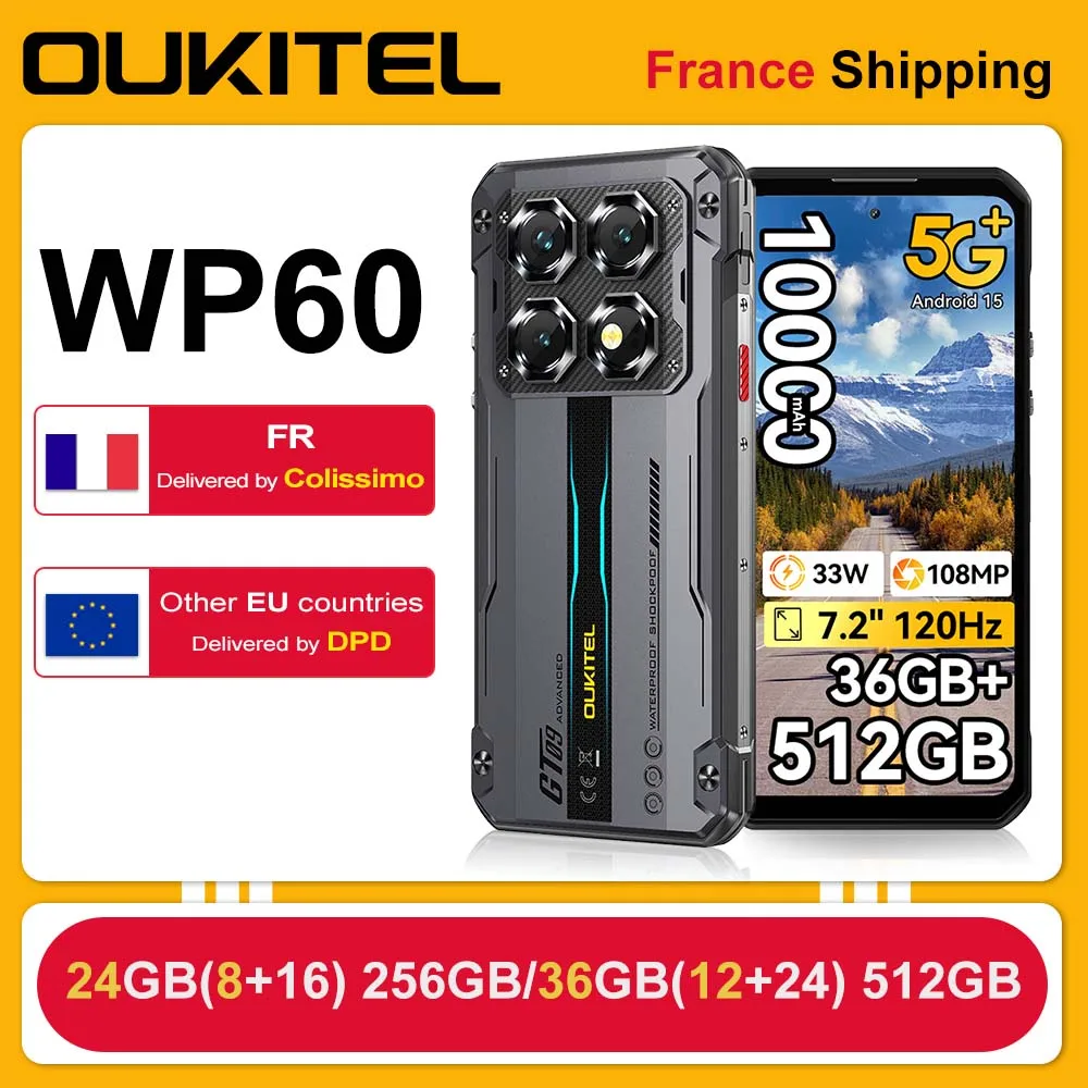 Téléphone robuste OUKITEL WP60 5G 24 Go (8+16) 256 Go / 36 Go (12+24) 512 Go 7,2 pouces HD+ 120 Hz Smartphone 10000 mAh 108 MP Android 15 NFC