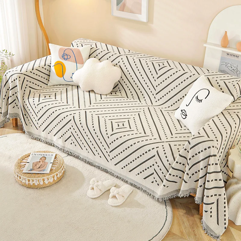 Art Deco Chenille Sofa Throw Covers &ndash; Machine Washable, Pet Friendly Stylish Geometric Design Throw with Fringe