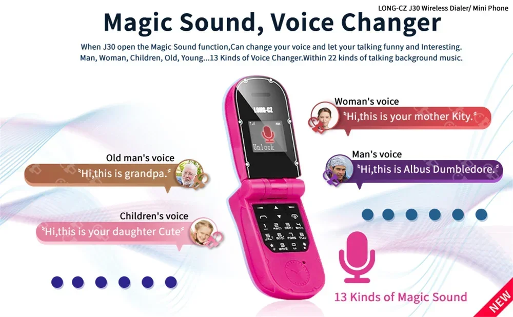 UNIWA J30 2G Mini Flip Phone with Push Button Wireless Bluetooth Dialer Multi-function FM Magic Voice Handsfree Earphone
