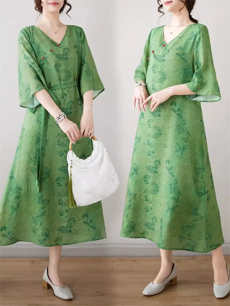 

V-Neck Slanted Collar Button Print Loose Quarter Sleeve Dress Versatile Temperament Fashion Chinese Style Floral Dress K1421