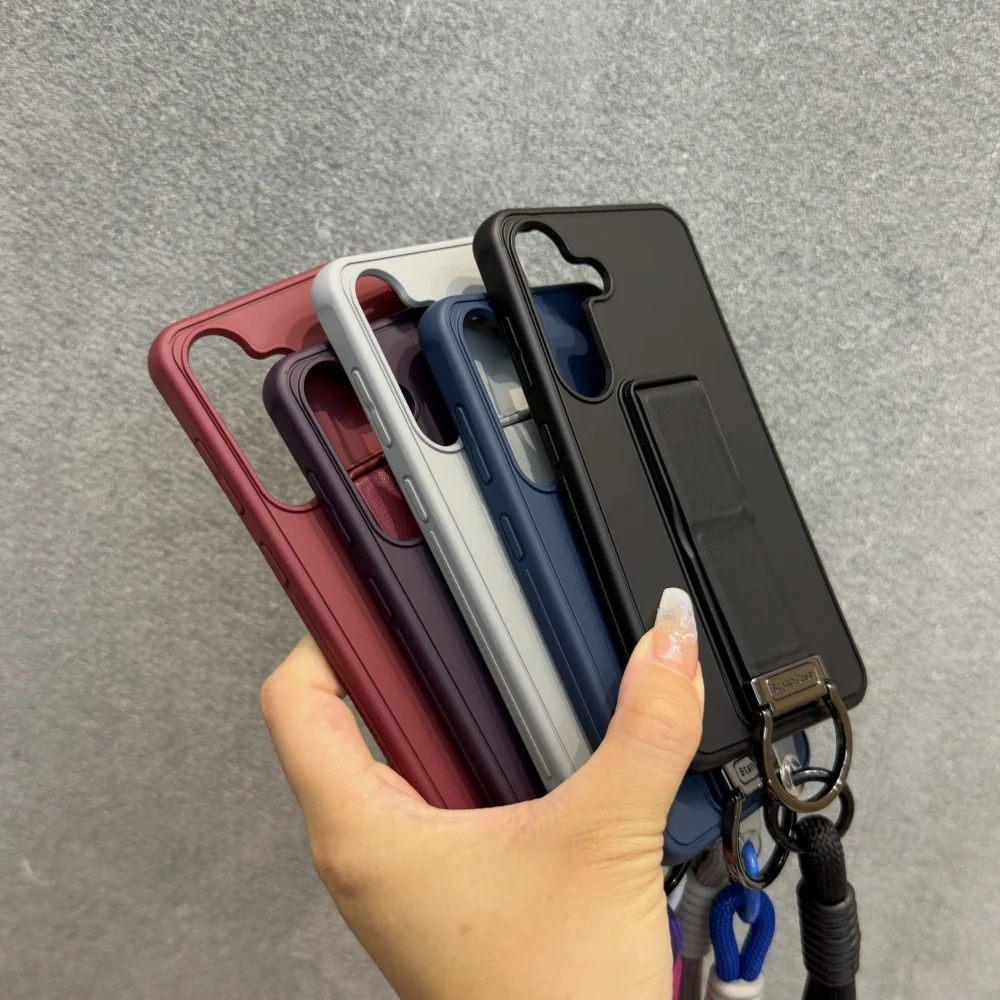 Folding Metal Stand Phone Case with Wrist Strap and Lanyard - Solid Color Matte Silicone Cover