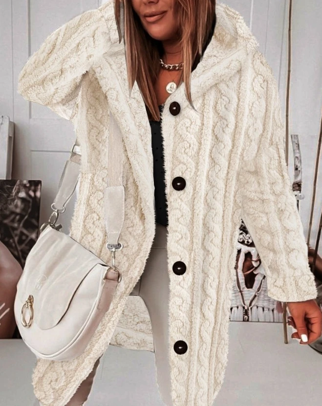 

2023 Autumn Winter Spring New Fashion Casual Fuzzy Textured Buttoned Fleece Hooded Coat Fall Outfits Women Elegant