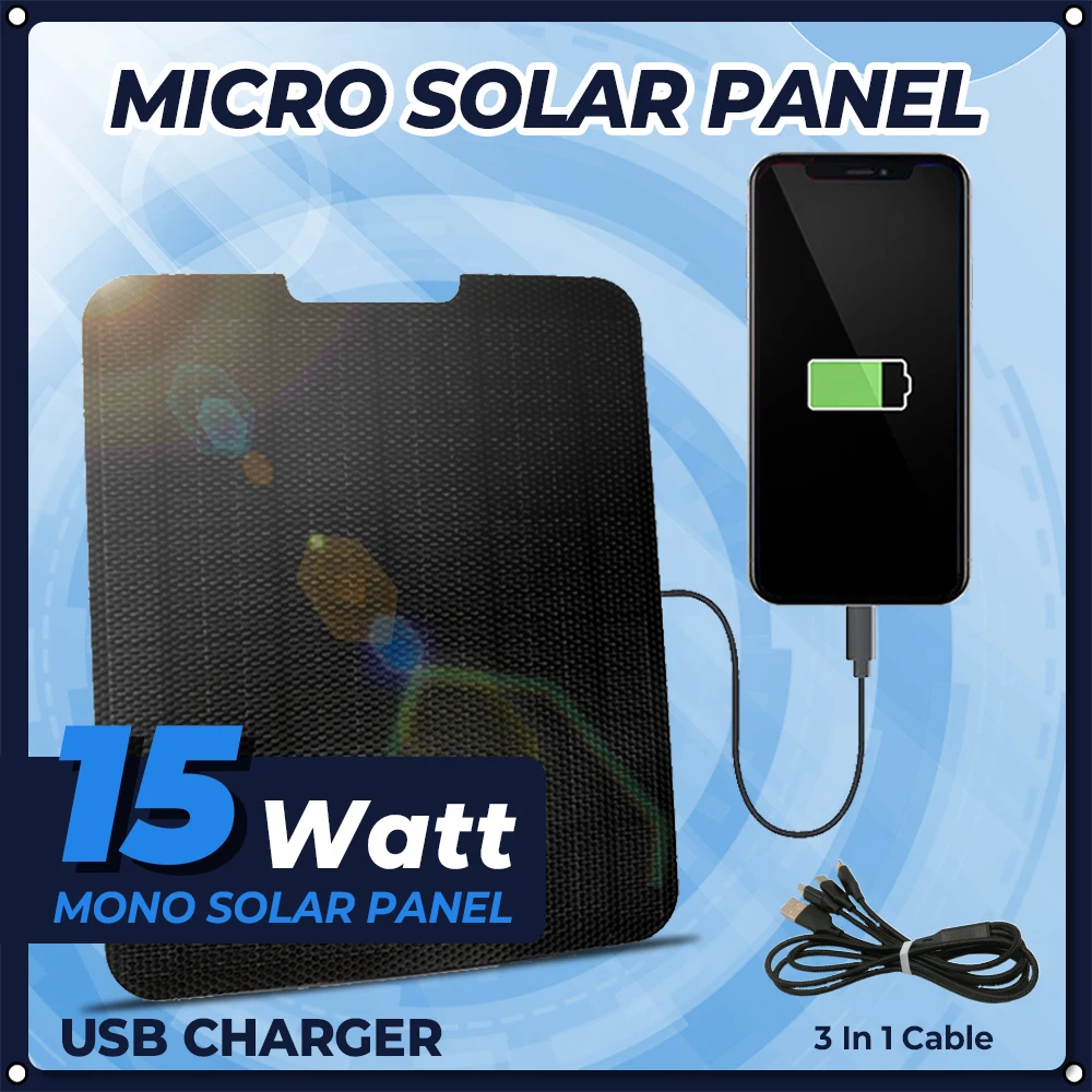 Solar Charger 15W Outdoor Camera Solar Panel 5V USB Solar Panel Charger IP67 Waterproof High Monocrystalline for Camping Picnic