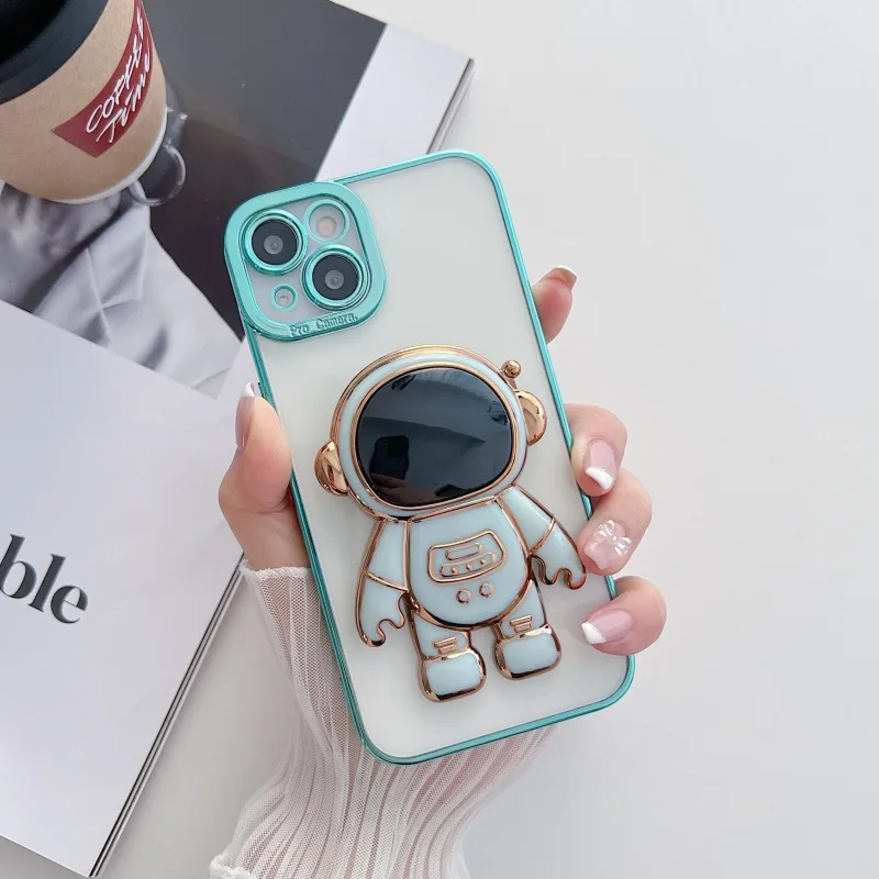 iphone 13 pro max cover 3D Plating Astronaut Fold Stand Holder Phone Case For iPhone 13 11 12 Pro Max X XR XS 7 8 Plus Camera Protector Clear Soft Cover 13 pro max case