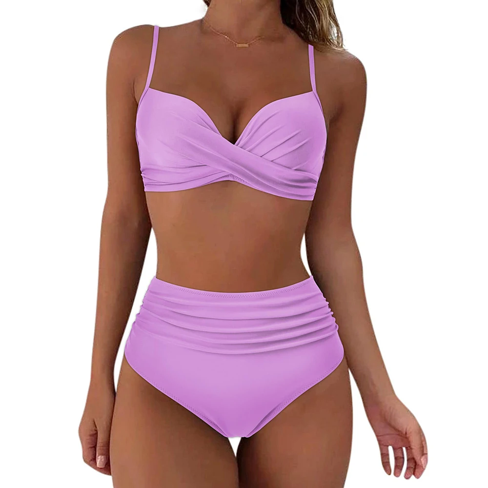 

High Waist Bikini Solid Swimsuit Women Sexy Swimwear Bathing Suit Female Padded Push Up Ruched Swimsuit Bikini Set