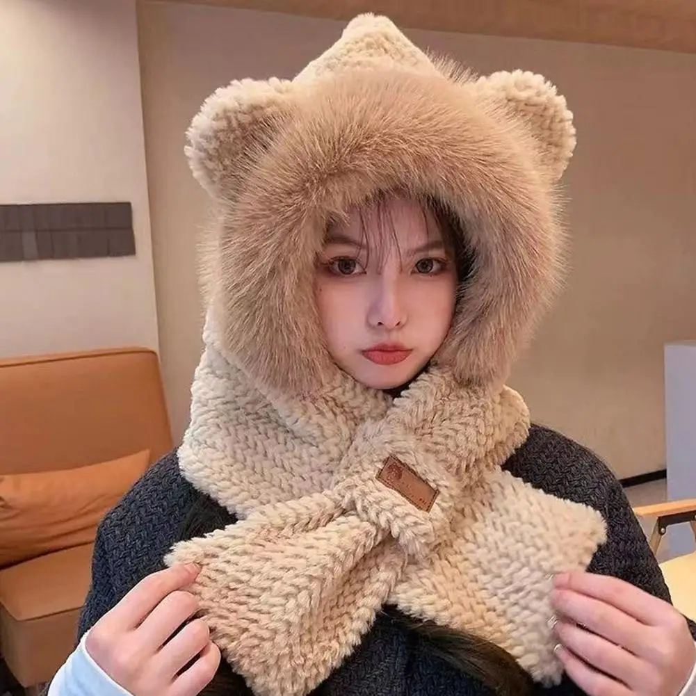 Lovely Beanie Hat Scarf Set Women Faux Fur Warm Winter Hat Children Parent Neck Circle Scarf Ski Snow Plush Bear Cap