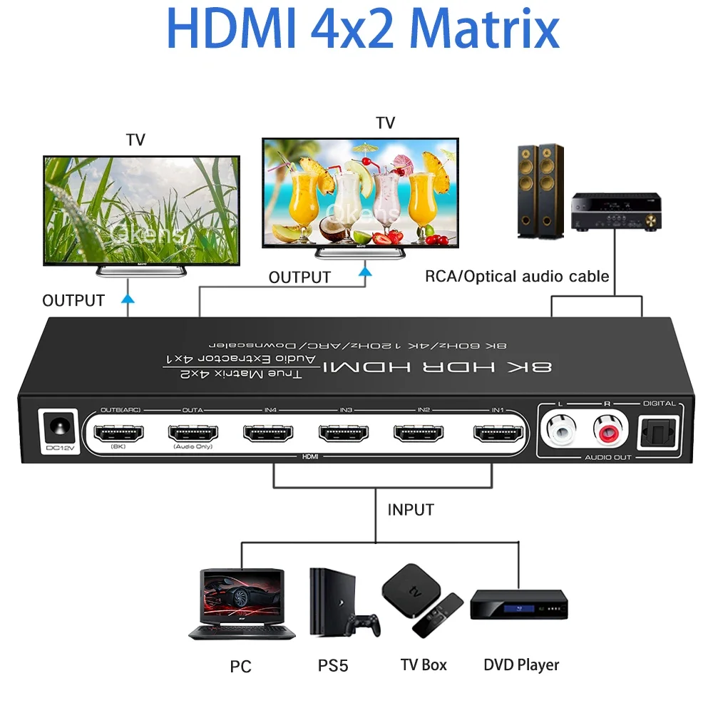 HDMI2.1 switcher 4 v 1 vyndat audio extractor 4 v 2 vyndat spínač 8K 4x2 matice video rozbočovač 4k120hz 8K60HZ pro PS5 XBOX PC na TV