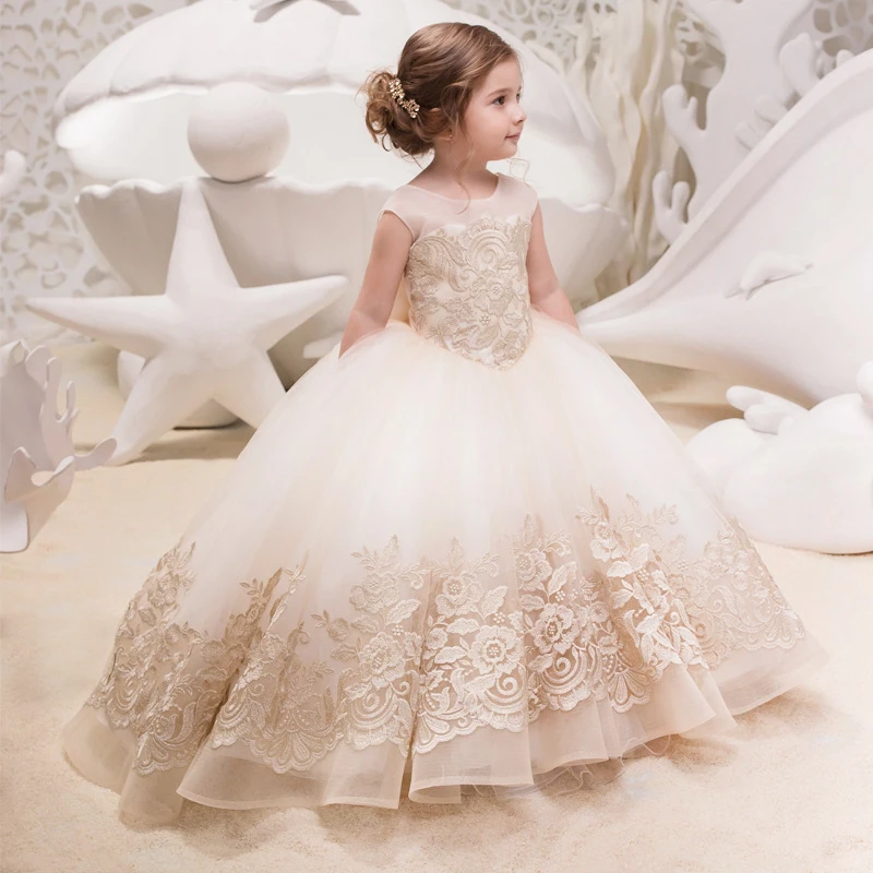 Girls Bridesmaid Dress For Wedding Lace Flower Appliques Ball Gown Kids