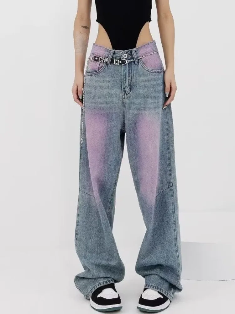 High Street Vintage Jeans Women's Summer New High Grade Spray Dyed Graffiti Straight Tube Wide Leg Floor Towers Women's Jeans high street style graffiti high waist jeans women s summer loose versatile straight leg wide leg pants women s jeans