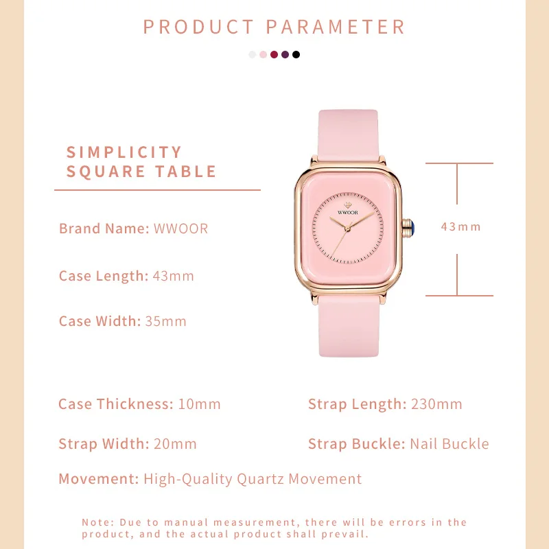 WWOOR Watch For Women Fashion Pink Square Waterproof Quarzt Wristwatch Top Brand Luxury Stainless Steel Ladies Dress Watch Gift