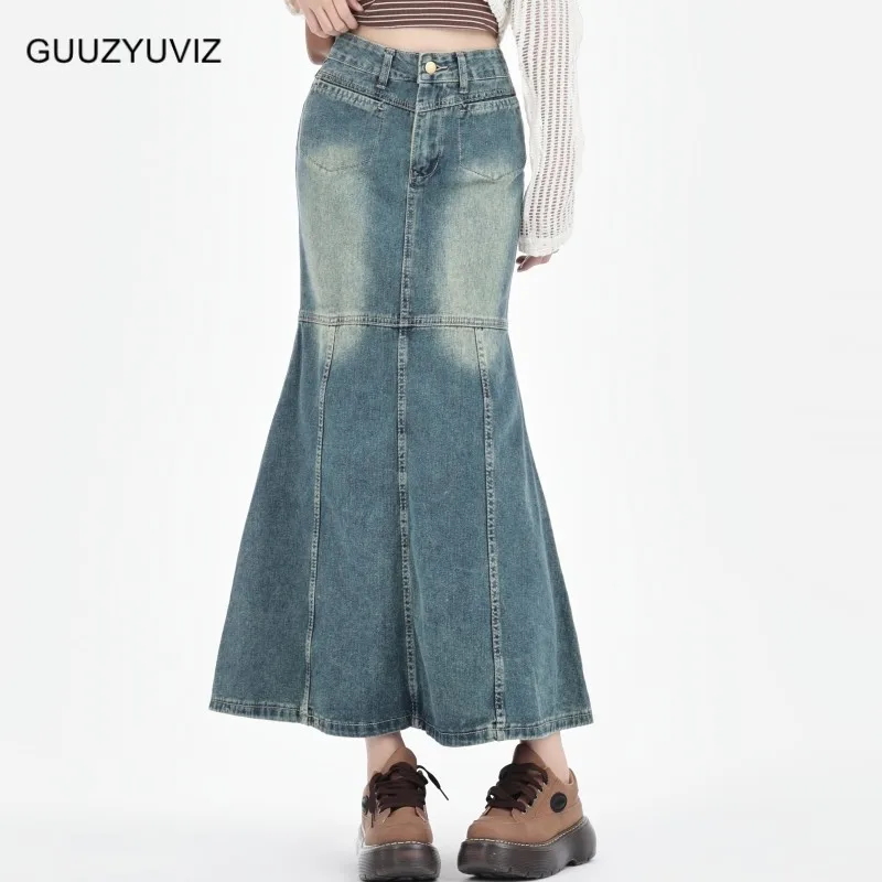 

GUUZYUVIZ Trumpet Mermaid Skirt Woman High Waist Vintage Blue Cotton Denim Long Fishtail Skirt Ladies