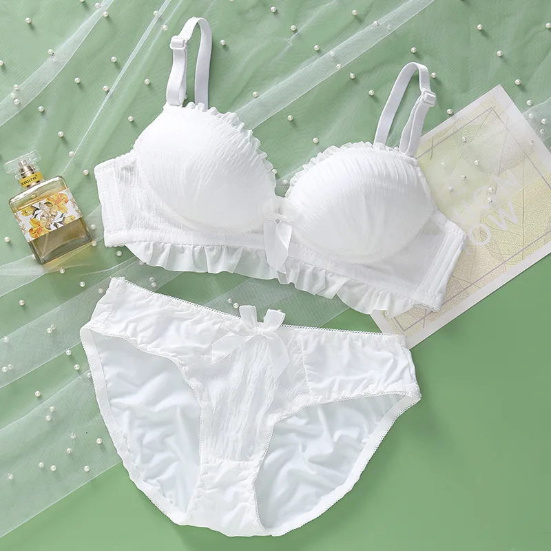 Cute Japanese Women Lace Bra Sets Knot Underwear Backless Young Girls Unline Lingerie Floral Soft Comfortable Bra & Brief Sets