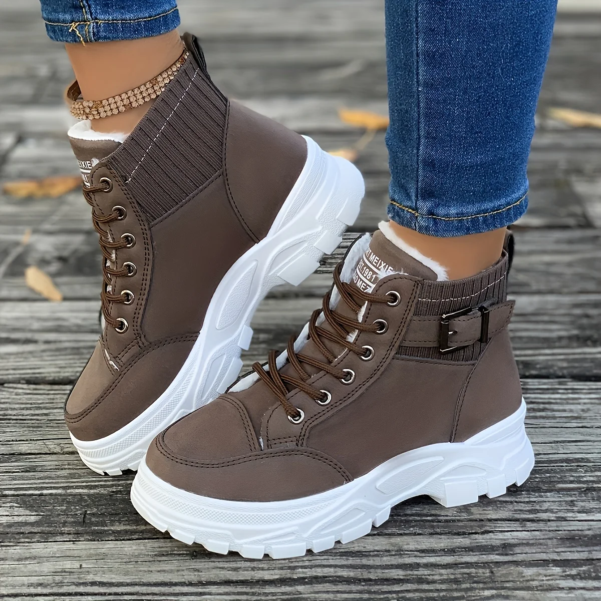 Women High Top Lace Up Buckle Boots - Image 2