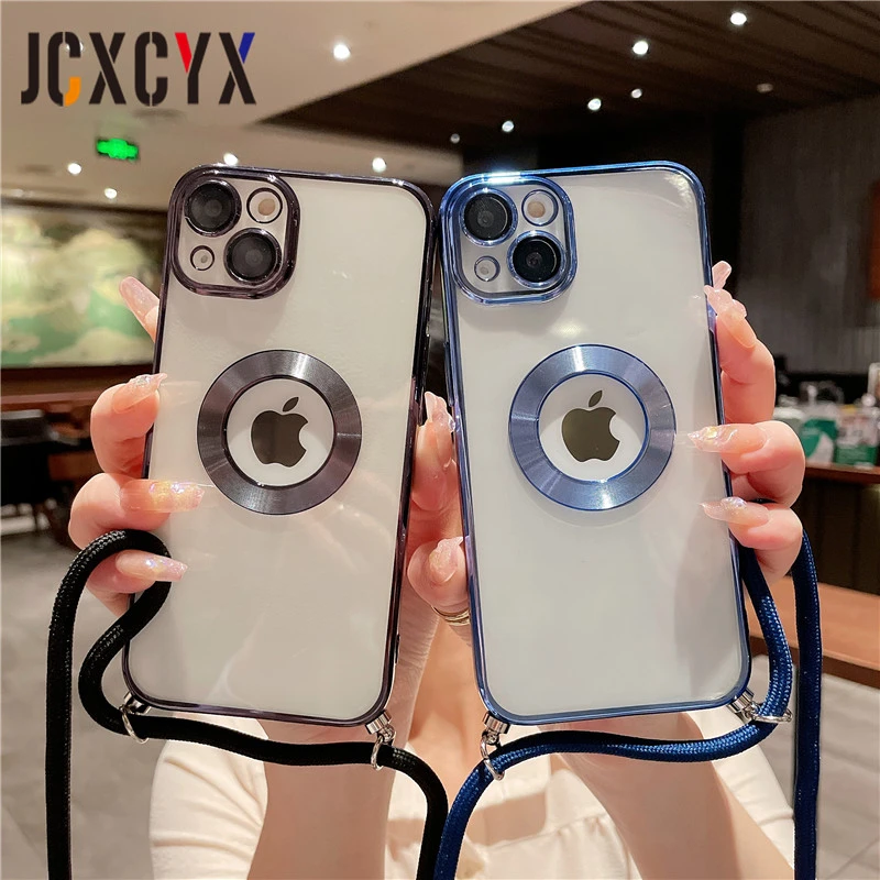 Crossbody Lanyard Cord Plating Transparent Soft Case For Iphone 14 Pro