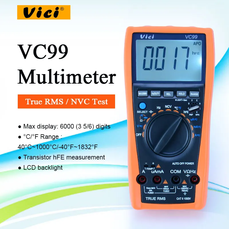 

Vici VC99 Auto range digital multimeter ture RMS DC/AC 20A 1000V resistance capacitance meter +Thermal Couple thermometer tester