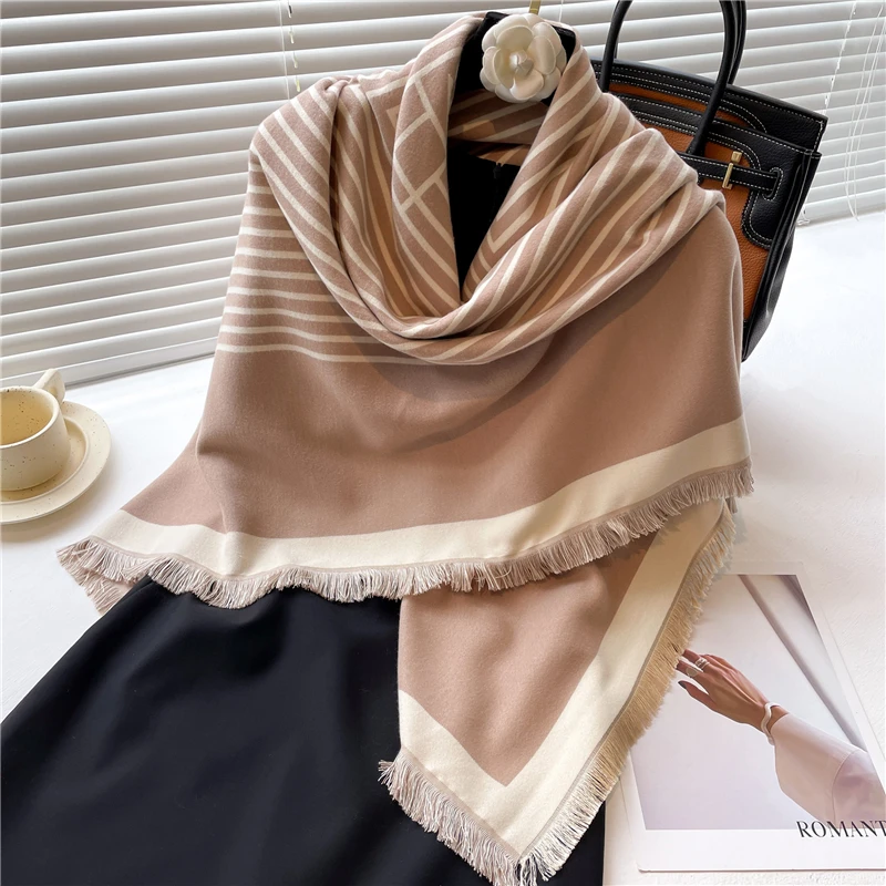 Bufanda de Cachemira para mujer, chal grueso con estampado a rayas, manta cálida de Pashmina de invierno, Echarpe cuadrado grande de 2022 cm, 125_voghion.com