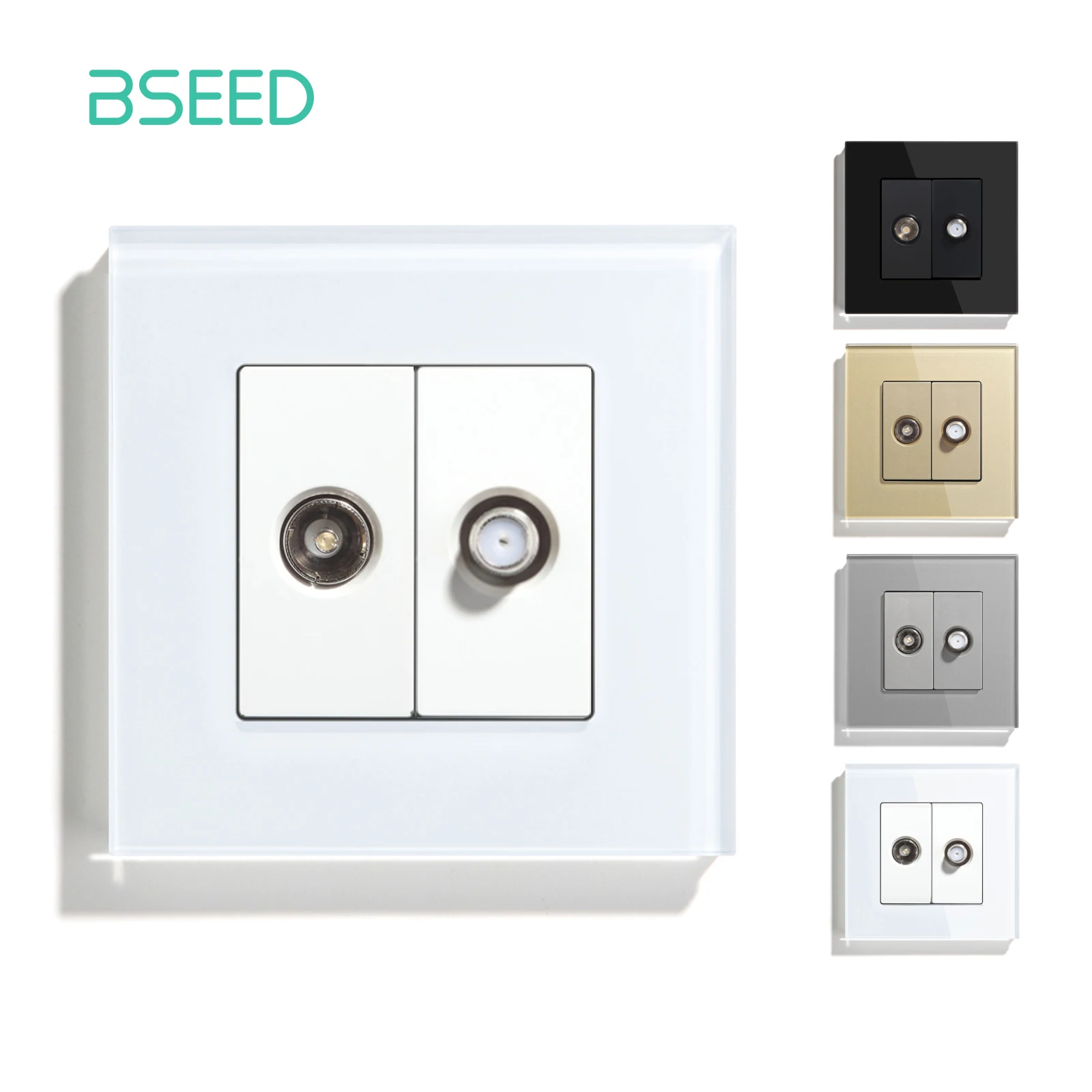 BSEED TV Satellite Wall Socket With Crystal Glass Panel White Black Gold EU Standard 86mm DIY Part For Home Improvement