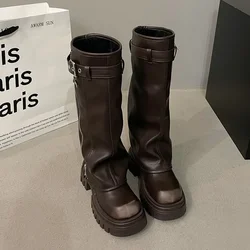 Elegant Winter Women's Knee High Fashion Boots with Belt Buckle and Platform Design - 38 (Brown)