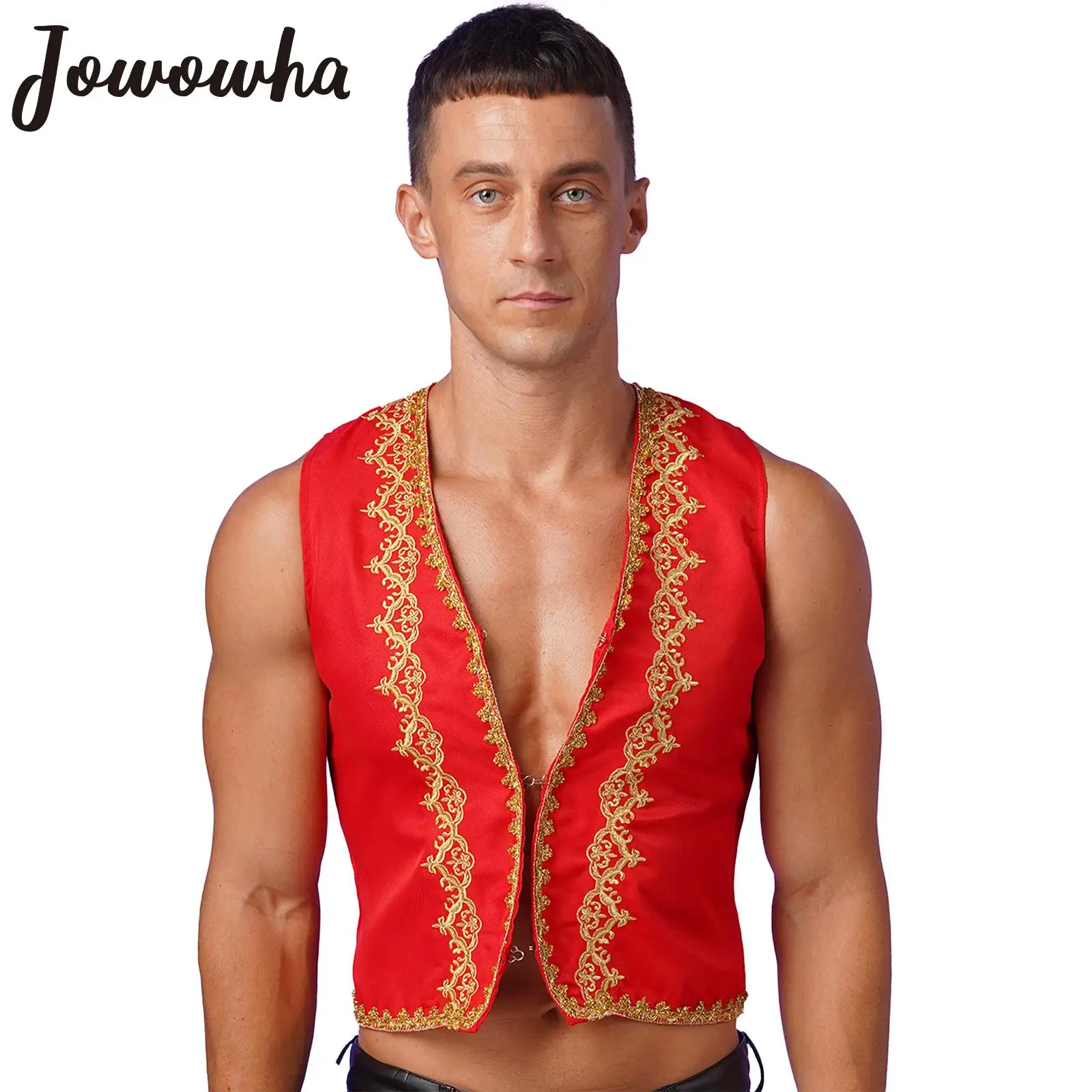 

Men Medieval Victorian Gothic Steampunk Costume Halloween Theme Party Fairytale Arabian Prince Cosplay Vest Gold Trims Waistcoat