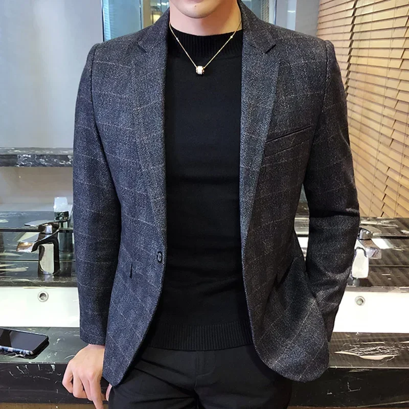 Men Suits Jackets British Style Vintage Plaid Blazer Casual Slim Fit Single Button Plus Size M-5XL
