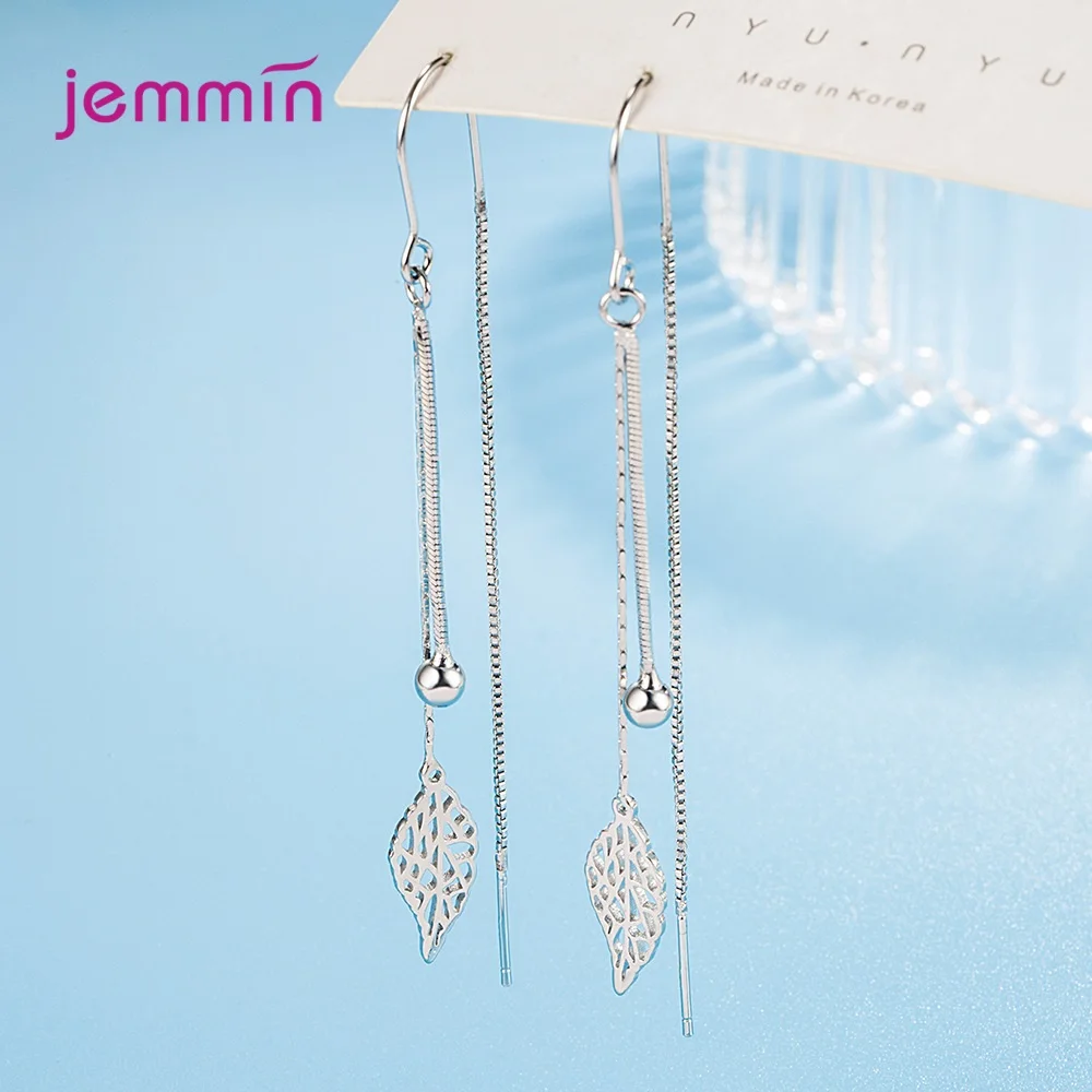 Leaves Pattern Dangle Earrings Fine Wedding Jewelry Real 925 Sterling Silver  Long Tassel Drop Earrings For Women Girls