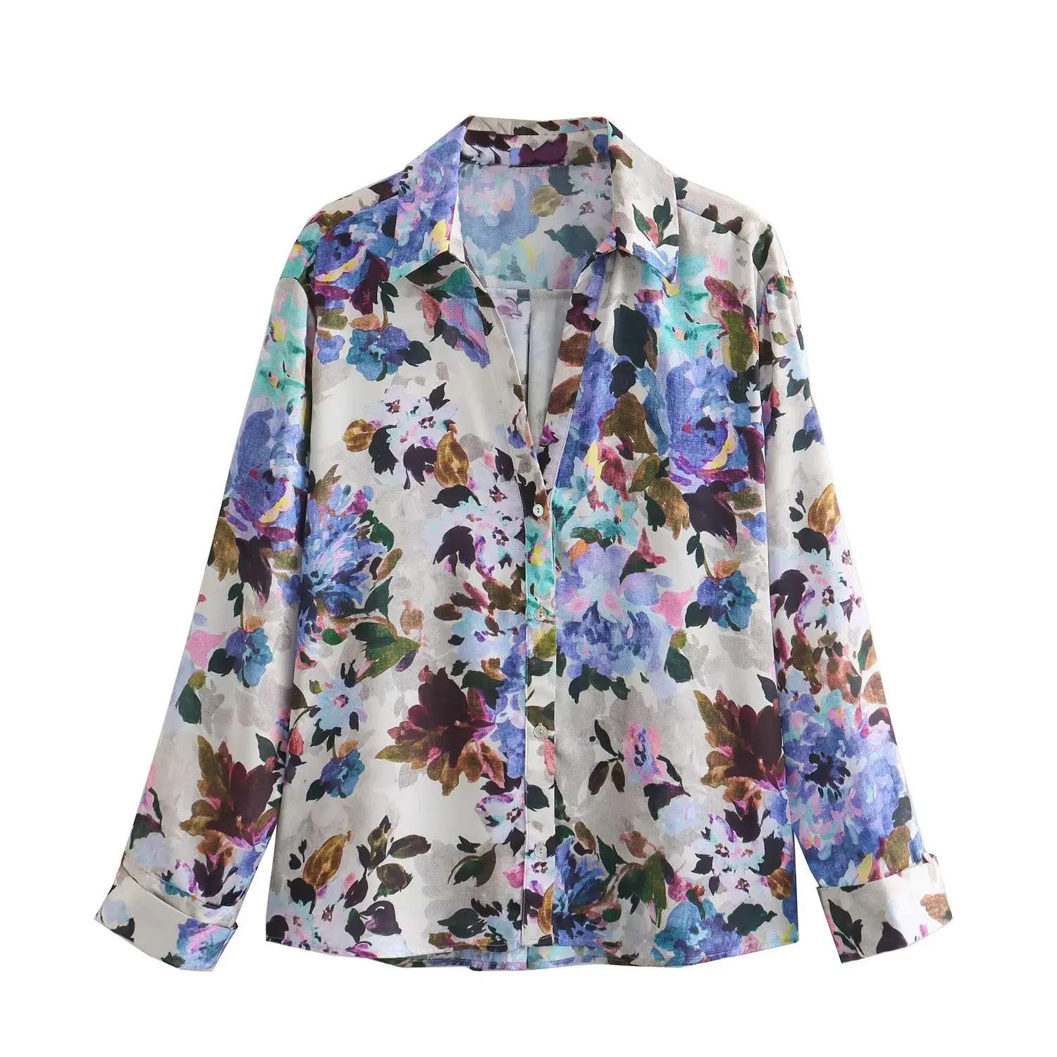 Women's Floral Printed Silk Shirt Satin Texture Shirt Fashion Autumn