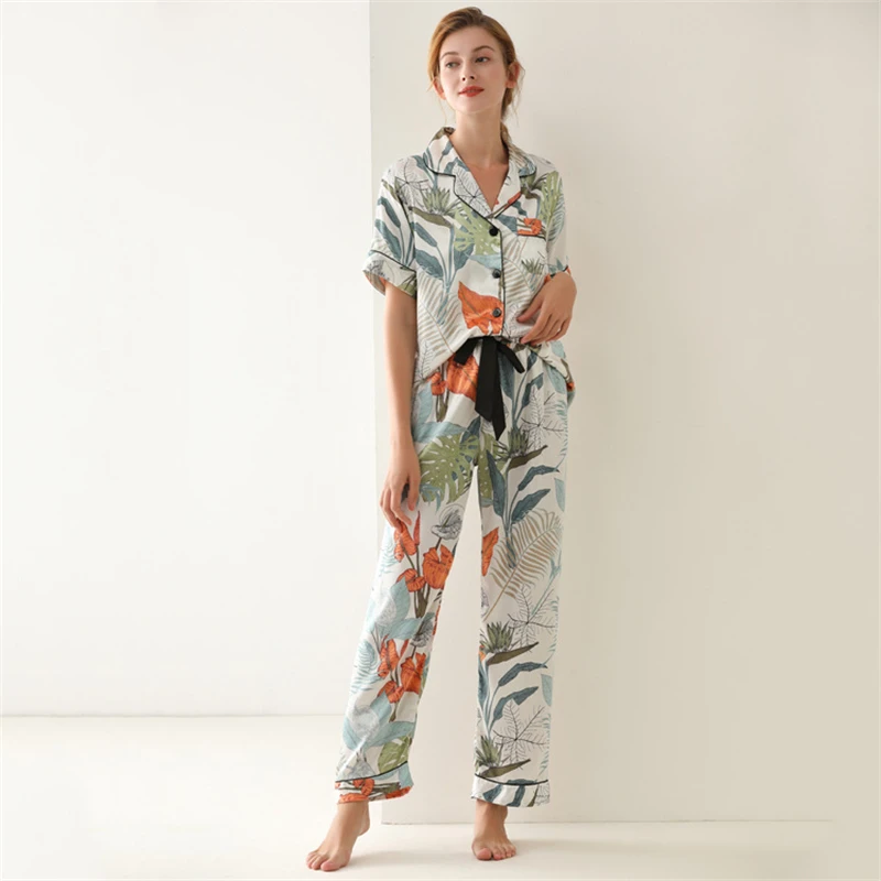 Turn-down Collar Pajamas Leaf Print Sleepwear Silk Imitation Nightgown Short Sleeve Long Trousers Two-piece Set Women's Clothes