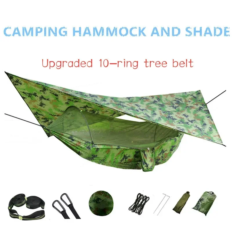 

Pop-Up Portable Parachute Outdoor Camping Hammock with Mosquito Net and Sun Shelter,Upgraded 10-ring Tree Strap Hammocks Swing