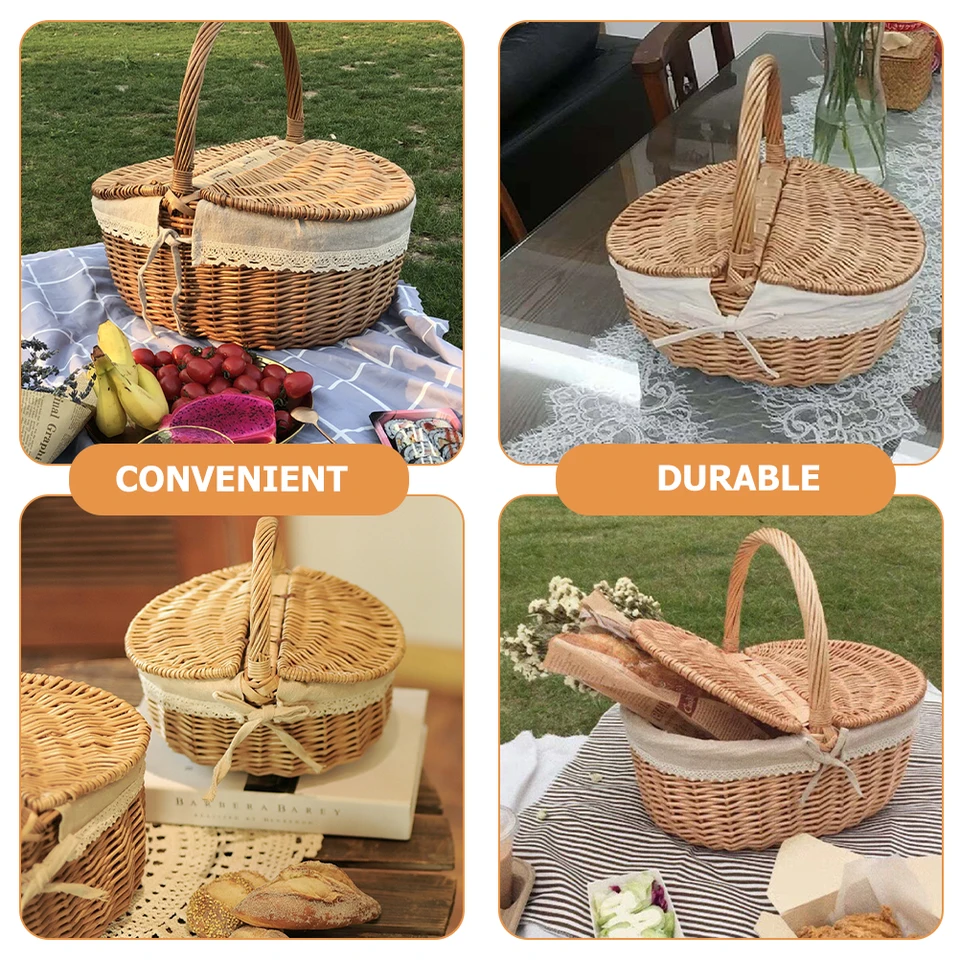 籐製ピクニックバスケット 丈夫な蓋ハンドル付き ピクニックバスケット