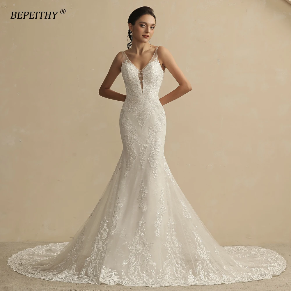 BEPEITHY Sexy Deep V Neck Ball Gown Wedding Dresses 2022 Bride Sleeveless Court Train Glitter Ivory Bridal Gowns For Women Hot