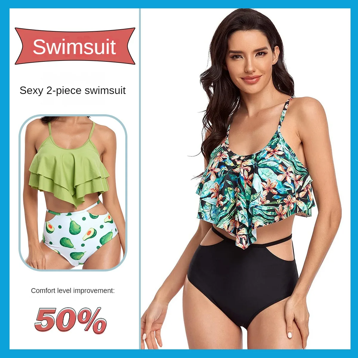 

2023 New Women Sexy High Waist Swimwear Printing Halter Ruffle Swimsuit Women's 2-piece Bikini Set Brazilian Beach Bathing Suits