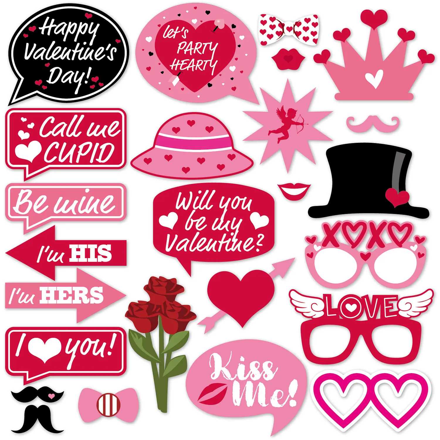 

25pcs Rose Pink Valentine's Day Photo Booth Props Paper Glasses Pink Crown Rose Miss Me Happy Lovers Festival Party Decoration