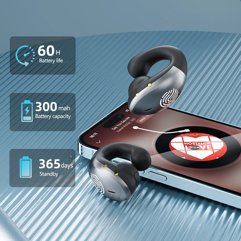 Wireless Bluetooth 5.3 Ear Clip Earbuds with Surround Sound & Touch Control