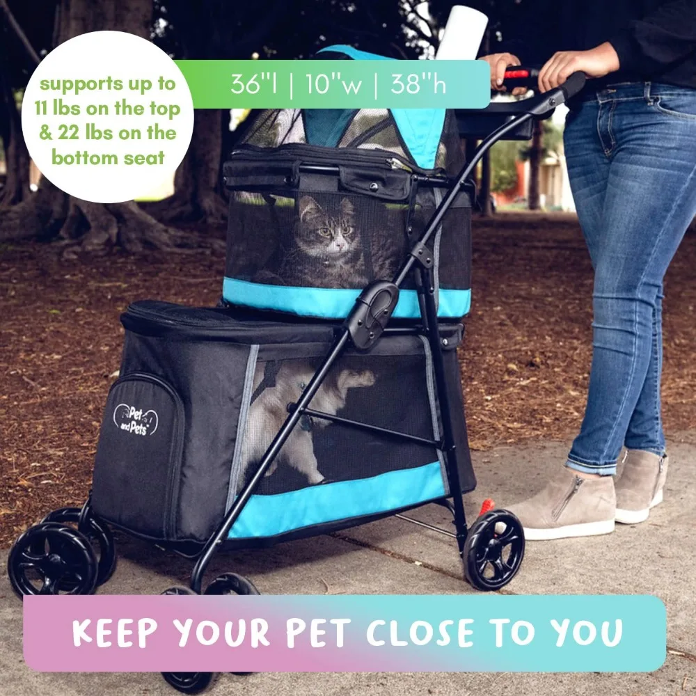 Double Decker Pet Stroller-Black: Dual Bassinets for Multiple Pets, Removable Pee Pads, Adjustable Leashes, Mesh Windows,